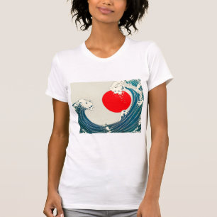 GREAT WAVE AND RED SUN Blue White Nautical T-Shirt
