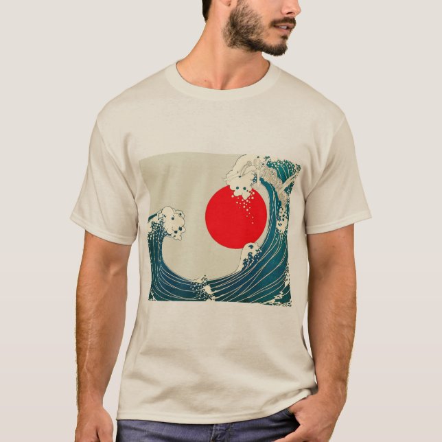GREAT WAVE AND RED SUN Blue White Nautical T-Shirt (Front)