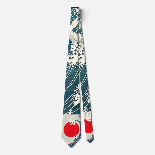 GREAT WAVE AND RED SUN Blue White Nautical Tie (Front)