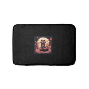 Great Wave and Sakura_ Halloween Black Cat Art Bath Mat