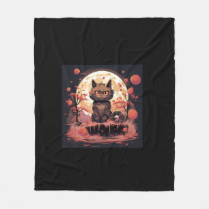 Great Wave and Sakura_ Halloween Black Cat Art Fleece Blanket