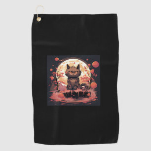 Great Wave and Sakura_ Halloween Black Cat Art Golf Towel