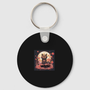 Great Wave and Sakura_ Halloween Black Cat Art  Key Ring