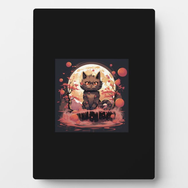 Great Wave and Sakura_ Halloween Black Cat Art  Plaque (Front)