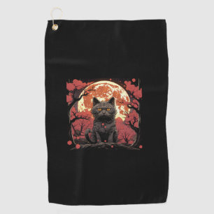 Great Wave Halloween_ Black Cat, Pumpkins, Sakura  Golf Towel