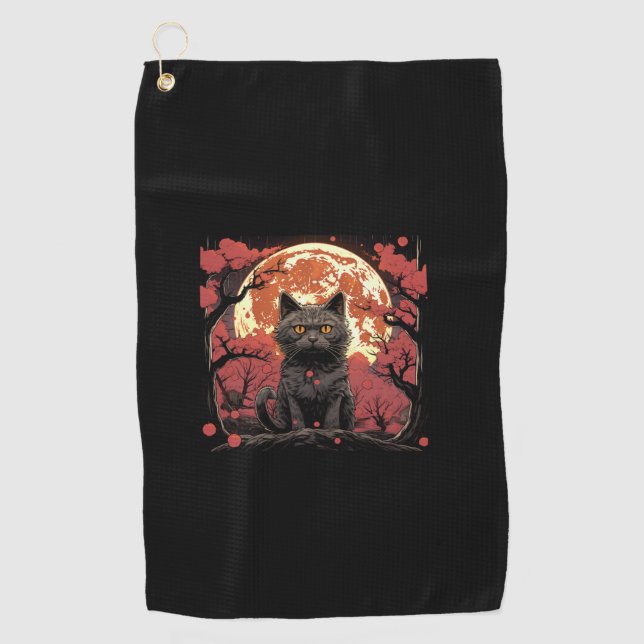 Great Wave Halloween_ Black Cat, Pumpkins, Sakura  Golf Towel (Front)