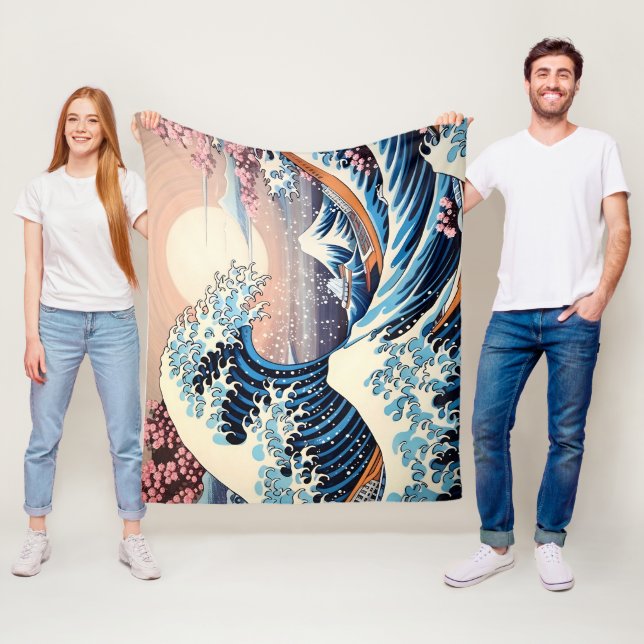 Great Wave inspired pink sakura aesthetic Fleece Blanket (In Situ)