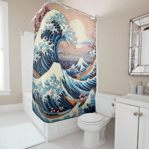 Great Wave inspired pink sakura aesthetic Shower Curtain