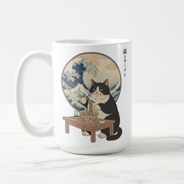 Great Wave Japanese Cat Eating Ramen Funny Art Coffee Mug (Left)
