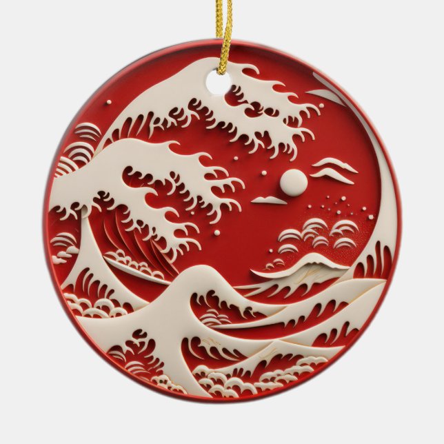 Great Wave Japanese  Ceramic Tree Decoration (Front)
