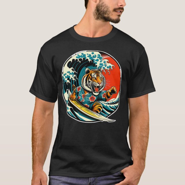 Great Wave Kanagawa Bengal Tiger Surfing T-Shirt (Front)
