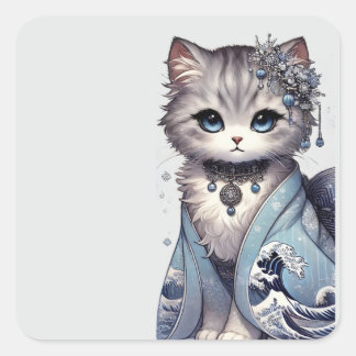 Great Wave Kimono Japanese Princess Cat Square Sticker