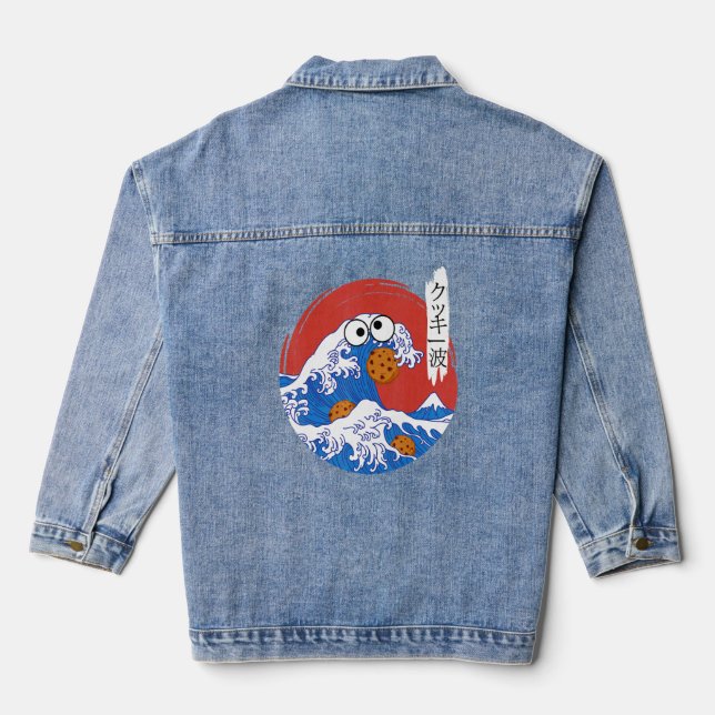 Great Wave Monster Eating Cookies Japanese Kanji C Denim Jacket (Back)