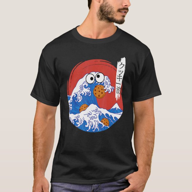 Great Wave Monster Eating Cookies Japanese Kanji C T-Shirt (Front)