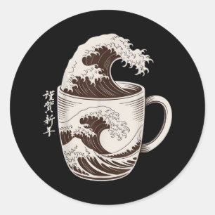 Great Wave Of Coffee Splash Japanese Art Mug Caffe Classic Round Sticker