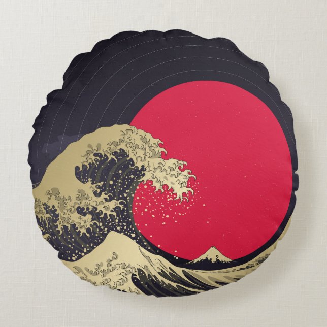 "Great Wave of kanagawa". Hokusai, Japanese wave i Round Cushion (Front)