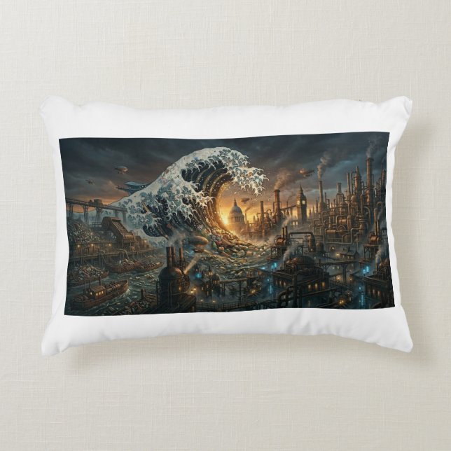 Great Wave of Plastic Trash - Steampunk Cushion (Front)