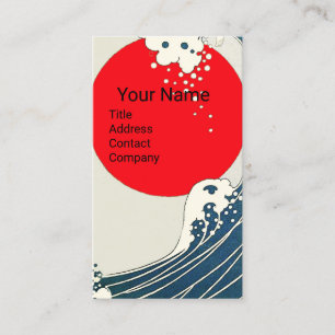 GREAT WAVE, RED SUN Blue White Nautical Monogram Business Card