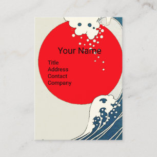 GREAT WAVE, RED SUN Blue White Nautical Monogram Business Card