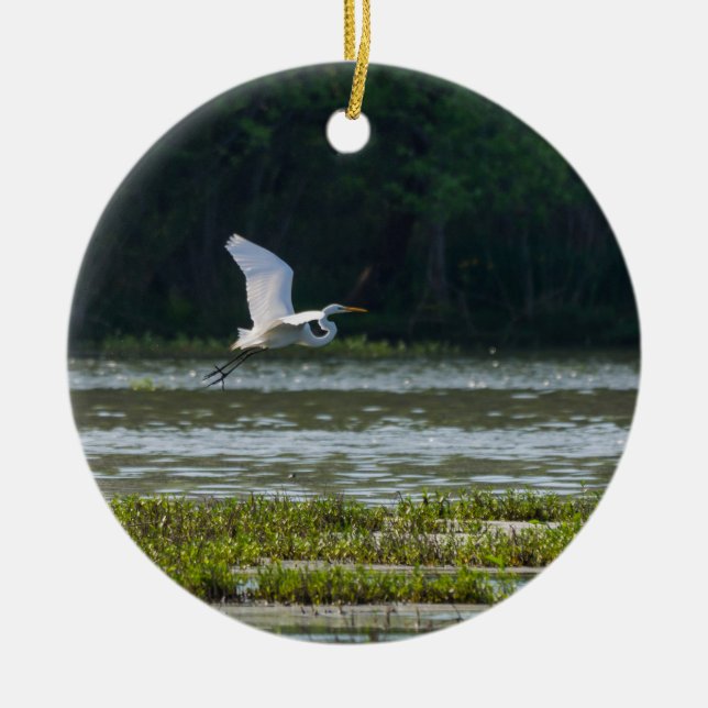 Great White Egret Flying Ceramic Tree Decoration (Front)