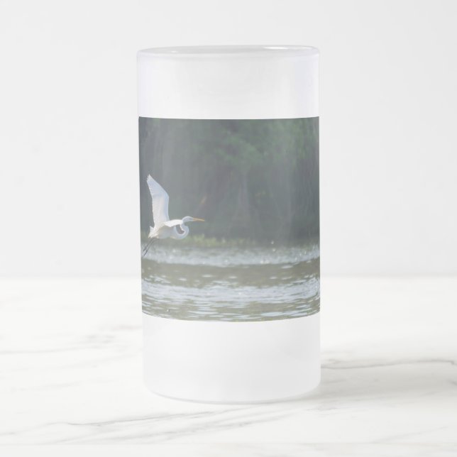 Great White Egret Flying Frosted Mug (Center)