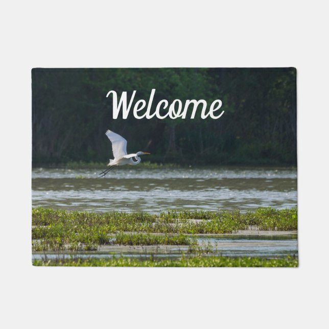 Great White Egret Flying Welcome Doormat (Front)