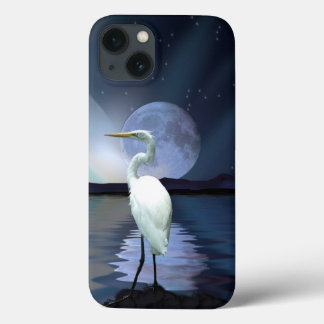 Great White Egret, Moon and Water Wildlife Art 3 iPhone 13 Case