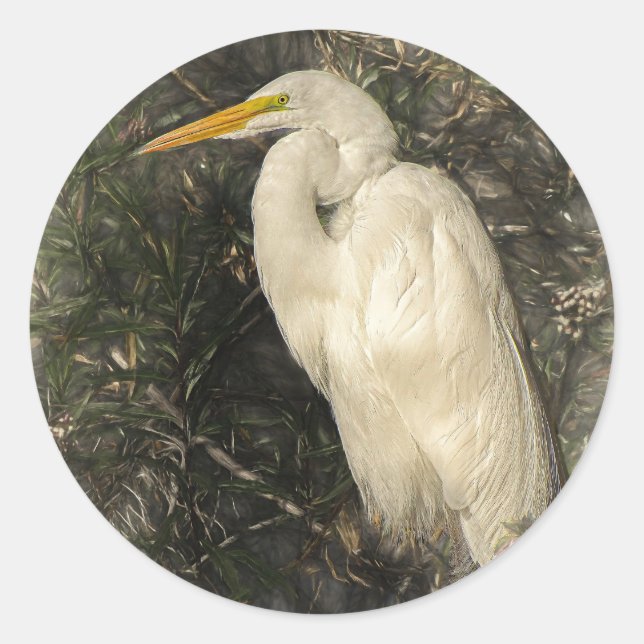 Great White Egret Water Bird Digital Art Painting Classic Round Sticker (Front)