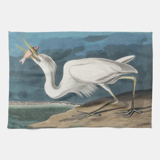 Great White Heron Audubon Bird Wildlife Painting Tea Towel (Horizontal)