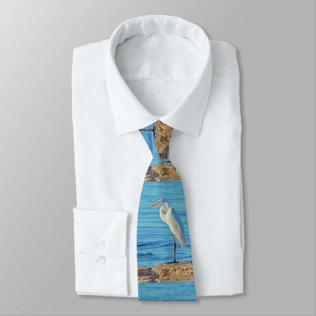 Great White Heron Bird Blue Shoreline Mens Tie (Tied)