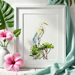 Great White Heron Tropical Beach Art Poster