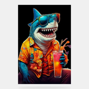Great White in Hawaiian Shirt Tropical Pop Art Acrylic Sign