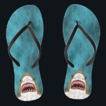 Great White Shark Attack Funny Fish Head Ocean Sea Flip Flops<br><div class="desc">People will flee in fear when they see this Great White Shark design. It has a hand-drawn shark with plenty of pointy teeth,  swimming along on a blue / sea green ocean background with bubbles and the silhouettes of fish trying to escape.</div>