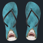 Great White Shark Attack Funny Fish Head Ocean Sea Flip Flops<br><div class="desc">People will flee in fear when they see this Great White Shark design. It has a hand-drawn shark with plenty of pointy teeth,  swimming along on a blue / sea green ocean background with bubbles and the silhouettes of fish trying to escape.</div>