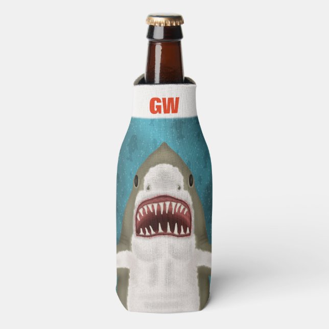 Great White Shark Attack Personalised Ocean Funny Bottle Cooler (Bottle Front)