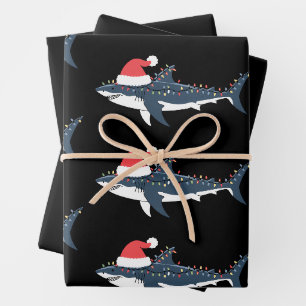 Great White Shark Christmas Lights Santa Hat Xmas Wrapping Paper Sheet