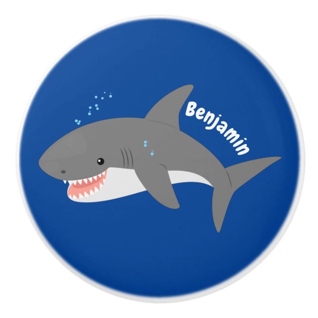 Great white shark happy cartoon illustration ceramic knob (Front)