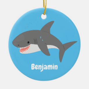 Great white shark happy cartoon illustration ceramic tree decoration