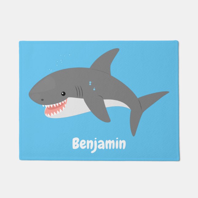 Great white shark happy cartoon illustration doormat (Front)