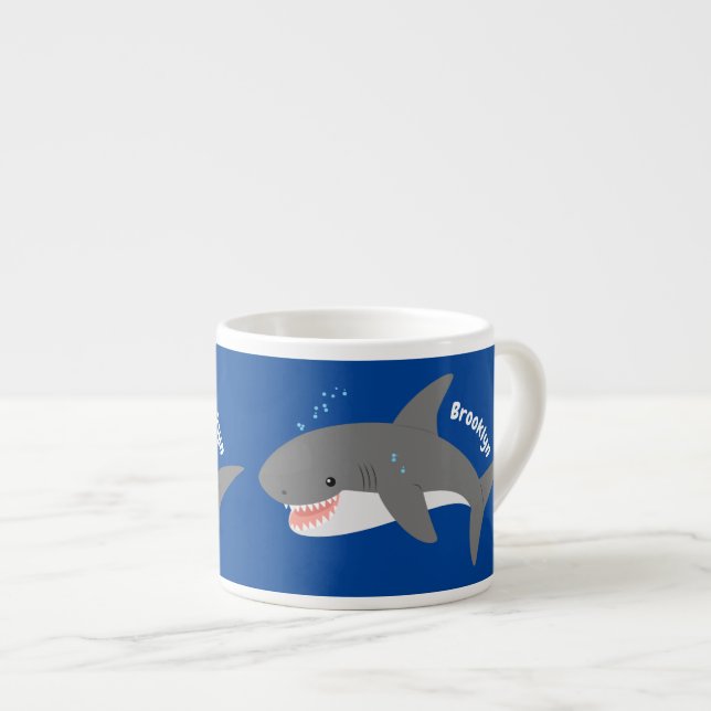 Great white shark happy cartoon illustration espresso cup (Front Right)