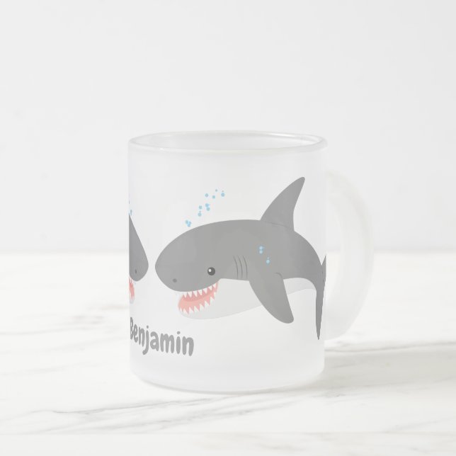 Great white shark happy cartoon illustration frosted glass coffee mug (Front Right)