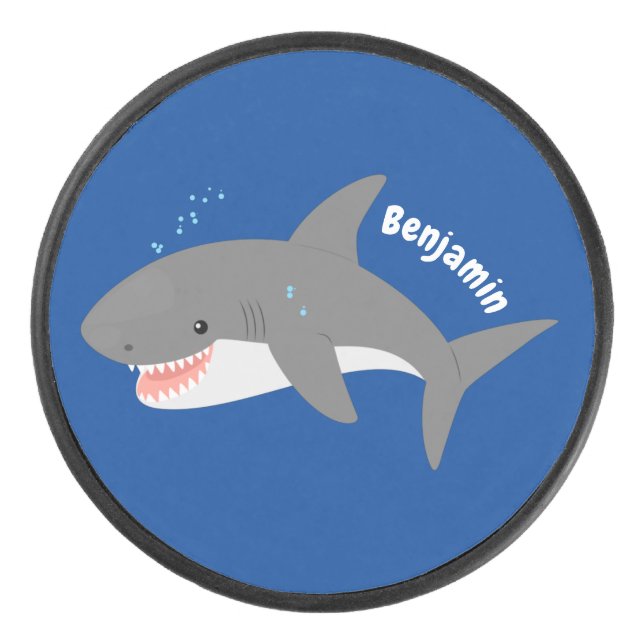 Great white shark happy cartoon illustration hockey puck (Front)