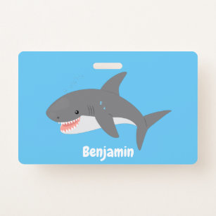 Great white shark happy cartoon illustration ID badge
