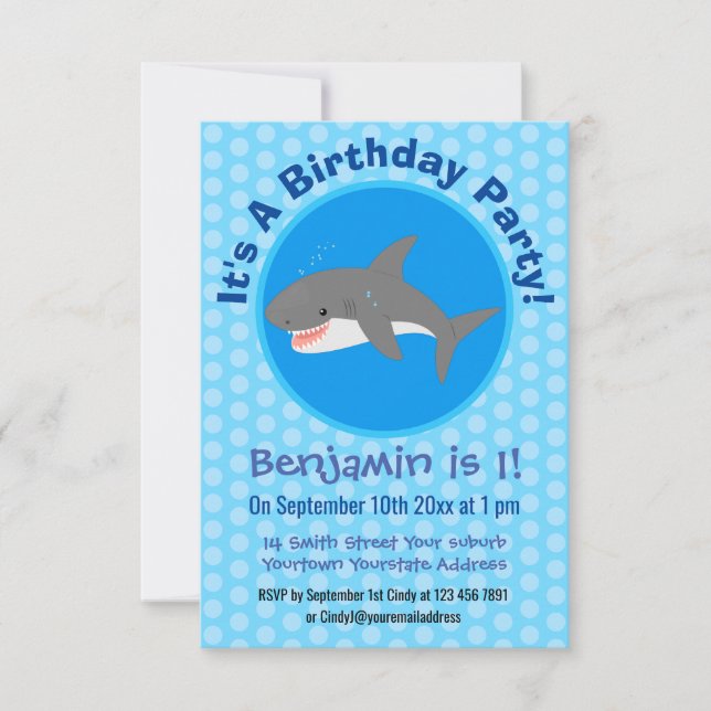 Great white shark happy cartoon illustration invitation (Front)