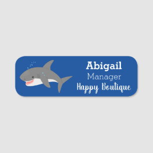 Great white shark happy cartoon illustration name tag