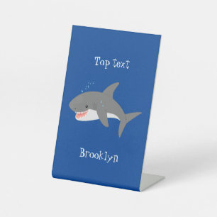 Great white shark happy cartoon illustration pedestal sign