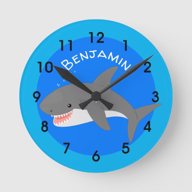 Great white shark happy cartoon illustration round clock (Front)