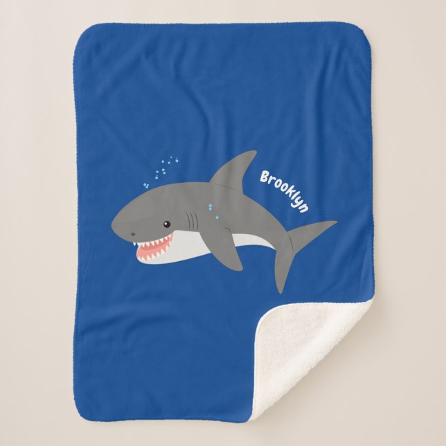 Great white shark happy cartoon illustration sherpa blanket (Front)