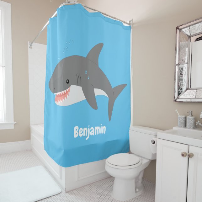 Great white shark happy cartoon illustration shower curtain (In Situ)