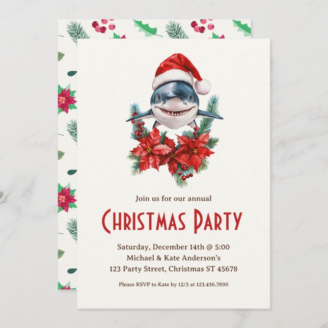 Great White Shark in a Santa Hat Christmas Party Invitation (Front/Back)